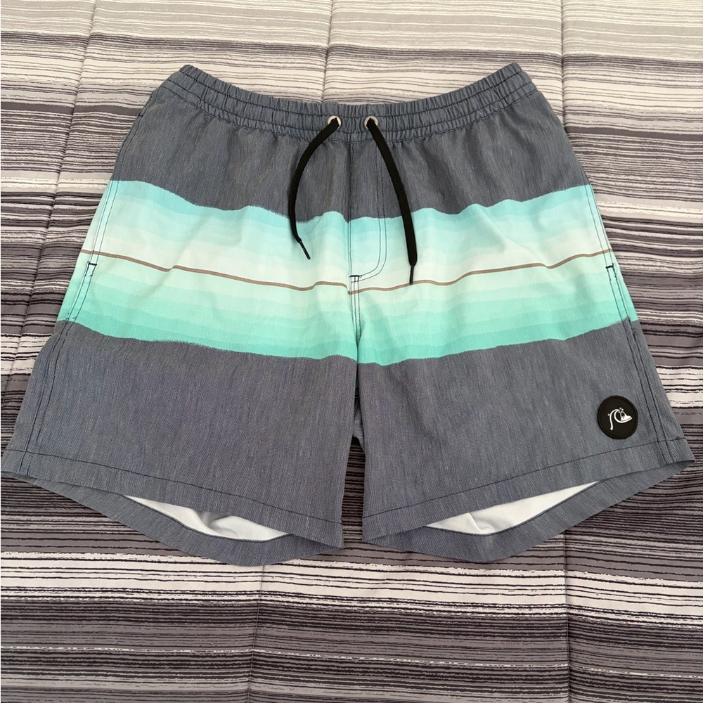 Quiksilver Men's Gray Swim Shorts with Aqua Gradient Stripes